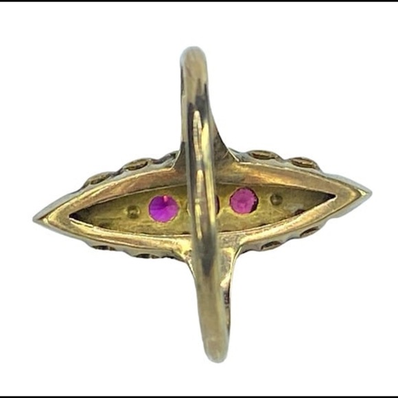 Art Deco 10K yellow gold 0.1ct Ruby Seed Pearl Navette ring ❤️ - Picture 7 of 9